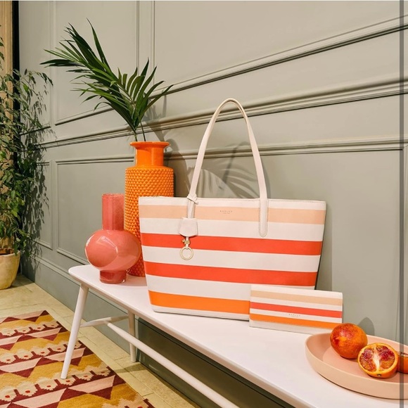 NWT Radley Chrisp Street Summer Stripes Large Leather Zip Top Tote Bag - Picture 4 of 11
